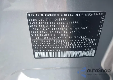 2021 Volkswagen Tiguan 2.0T Se/2.0T Se R-Line Black/2.0T Sel from USA, damaged, VIN 3VV3B7AX0MM003268